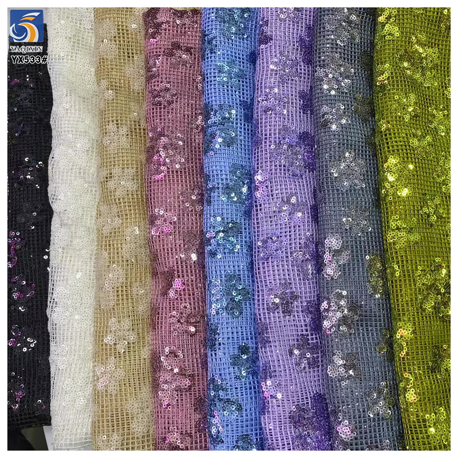 YX533 Black Sequin Lace Fabric Checkered Net Mesh Floral Design Sequined Lace Fabric for Dresses - 图片 4