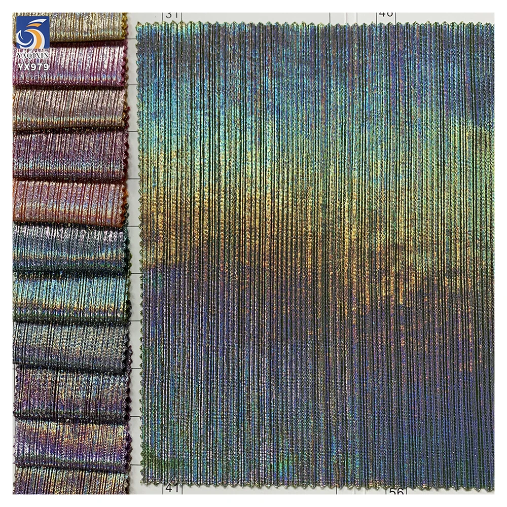 YX979 200gsm New Material Design Holographic Film Knit Stretch Toothpick Stripe Fabric High Quality Laser Lurex Fabric