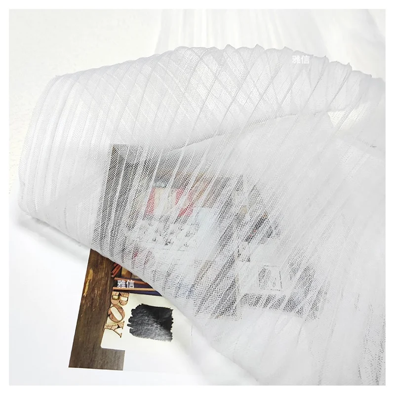 Good Price Polyester Pleated Elastic Wrinkle Pure White Tulle Mesh Fabrics for Clothing Wedding Dress - 图片 5