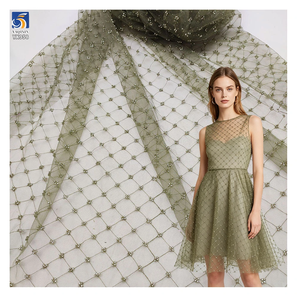 YX958 Checkered Small Plaid Bead Tube Embroidery Lace Fabric Cheap Plaid Beads Mesh Tulle Lace Fabric for Woman Dresses