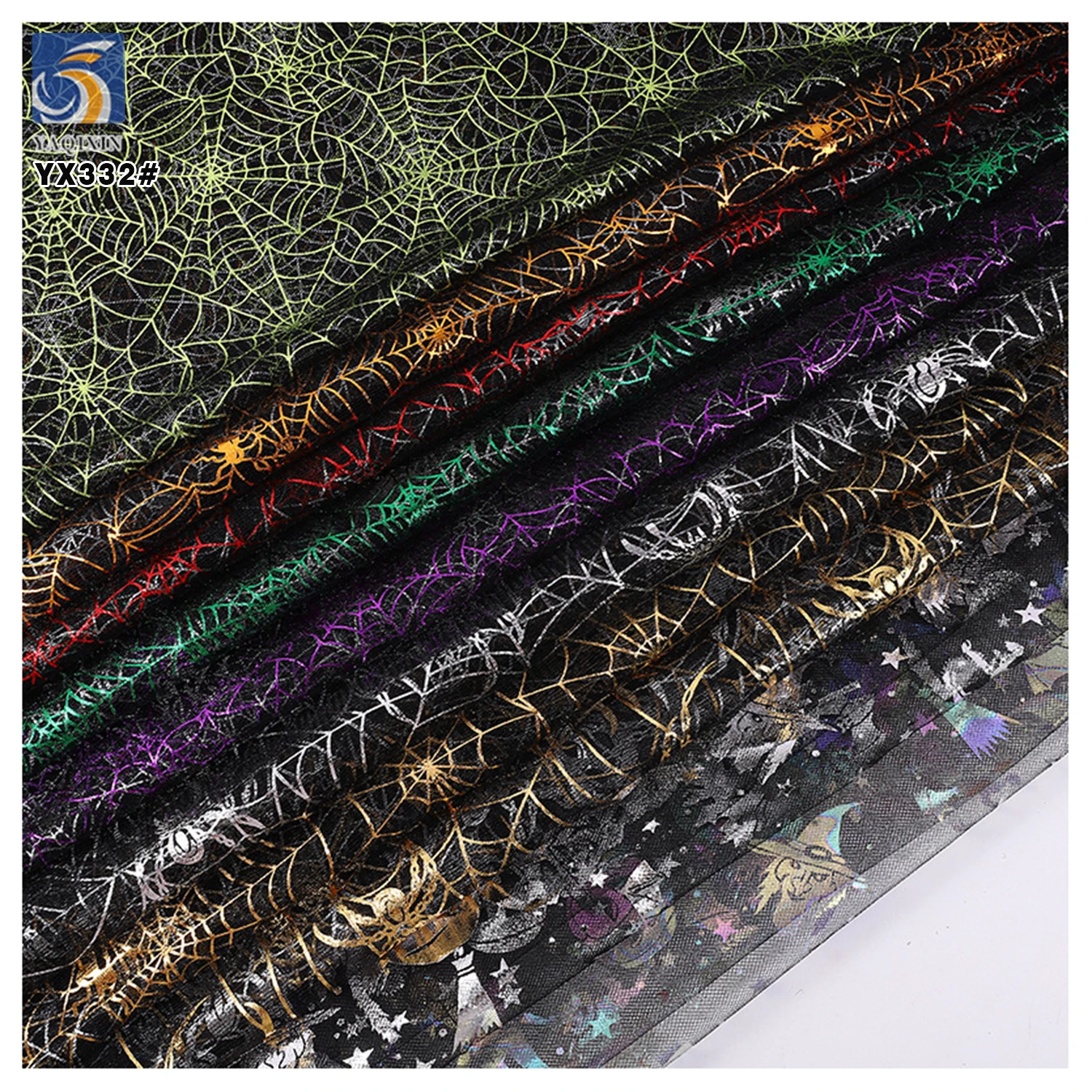 YX332 New Arrivals Spider Web Pumpkin Bat Demon Mesh Tulle Fabric Pattern Printed Holiday Halloween Fabrics - 图片 3