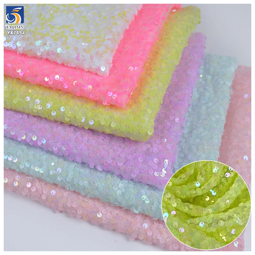 YX749 Personalized Embroidered 5MM Holographic Transparent Sequins Fabric 200gsm Colorful Laser Sequins Fabric for Headwear