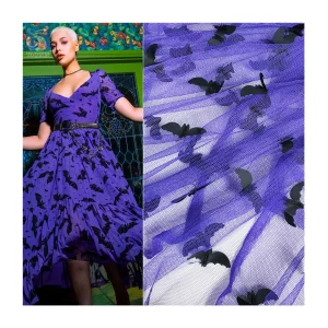 YX2263-1 Accept OEM&ODM Customized Design Halloween Fabric 3D Black Bat Embroidery Tulle Fabric for Children Clothing