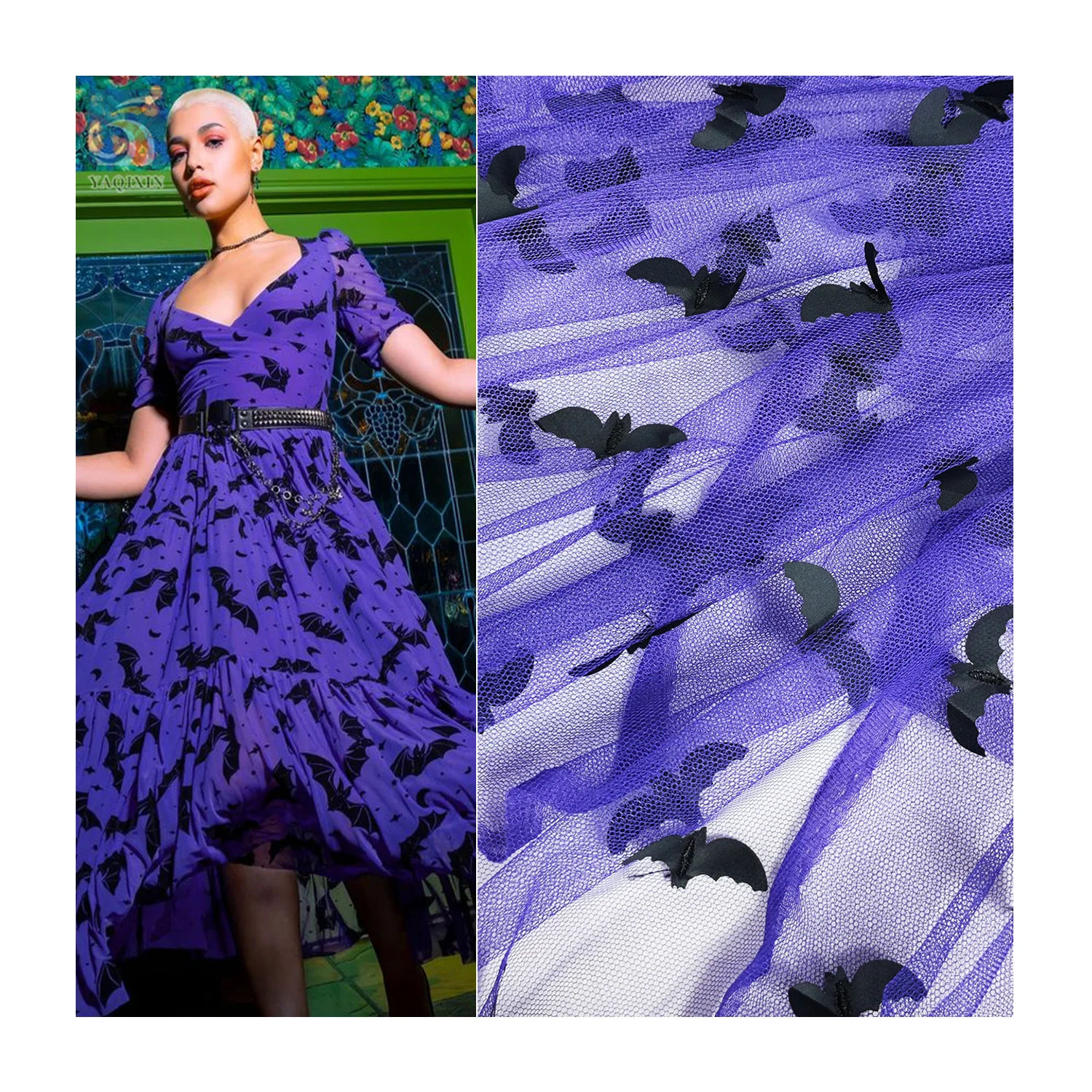 YX2263-1 Accept OEM&ODM Customized Design Halloween Fabric 3D Black Bat Embroidery Tulle Fabric for Children Clothing