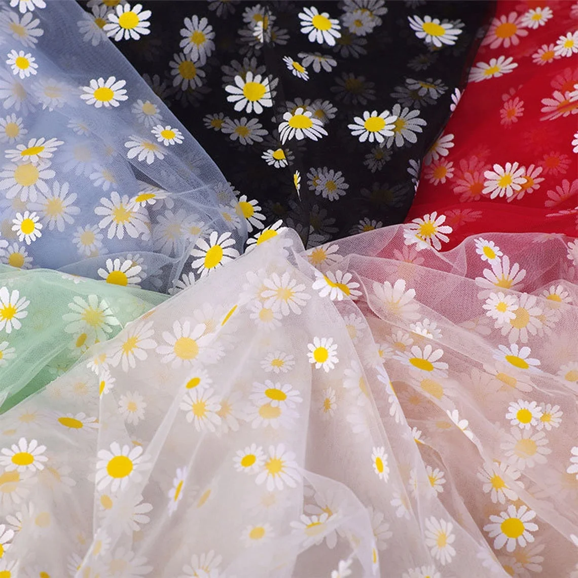 YX103-2 Beautiful Sunflower Polyester Knit Print Mesh Tulle Fabric Daisy Print Net Tulle Fabric for Clothing - 图片 6