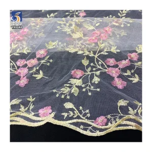 YX695 Ready-To-Stock Wholesale Embroidery Mesh 100% Polyester Pink Florals Embroidery Tulle Fabric for Girls Skirt Making