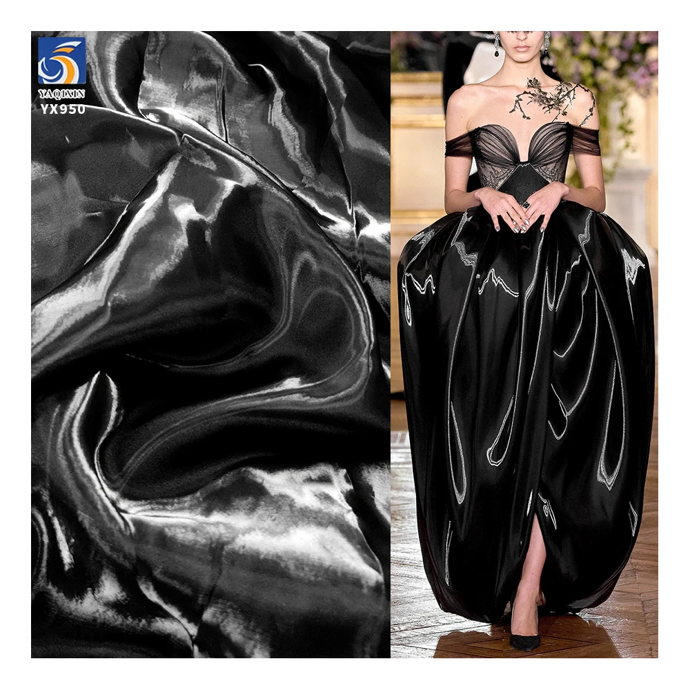 YX581-3 Black Premium Flowing Metallic Sheen Wedding Dress Organza - Silk Liquid Fabric for Bridal Accessories & Designer DIY