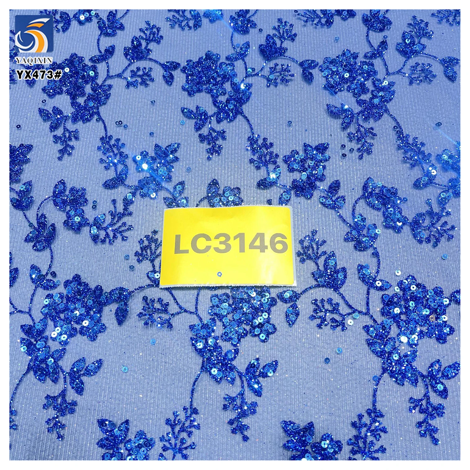YX473 Noble Design Polyester Soft Mesh Tulle Fabric With Glitter Sequin Sapphire Blue Glitter French Tulle Fabric - 图片 5