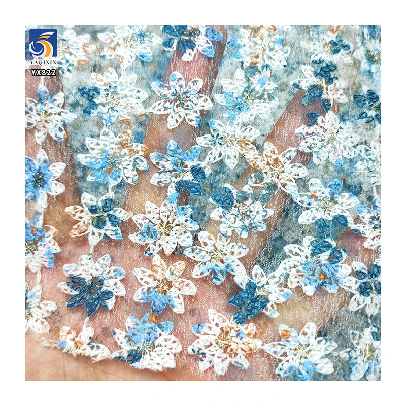 YX822 Latest Exclusive Designs Tulle Embroidery Printing Colorful Flowers Mesh Fabric 3D for Fashion Beautiful Skirt - 图片 5