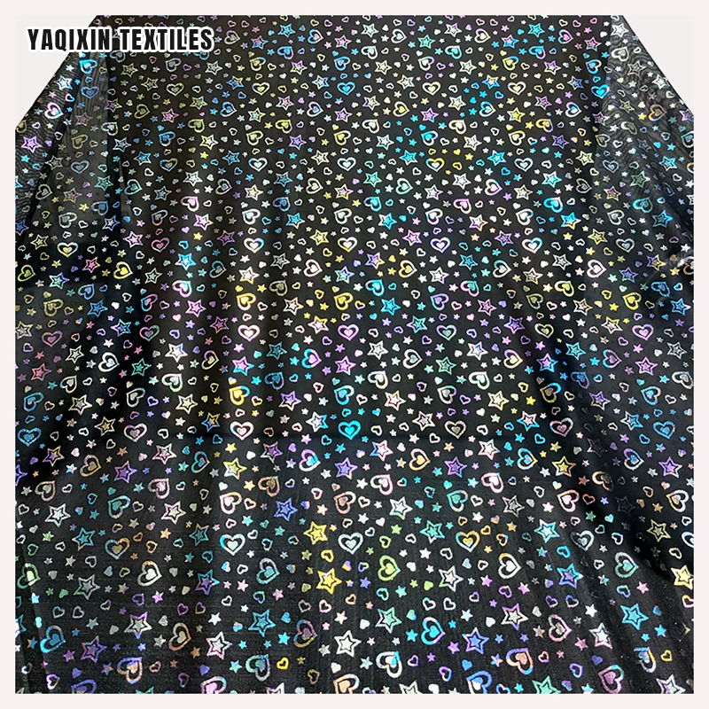 Fluorescent Hot Film 2026 New Arrival Pattern Heart Star Print Fabric Black Soft Polyester Tulle Fabric Roll 50 Yards Moq - 图片 3