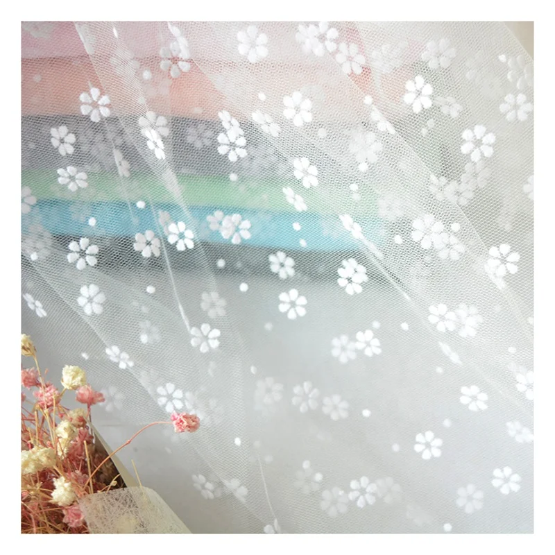 Popular Sunflower Floral Dot Pattern Flocked Soft Nylon Tulle Fabric Wedding Spring Summer Dress Fabric - 图片 6