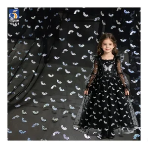 YX2237 Factory Sales Halloween Demons the Bat Pattern Hot Red and White Film Printed Net Mesh Fabric Nylon Tulle Fabric