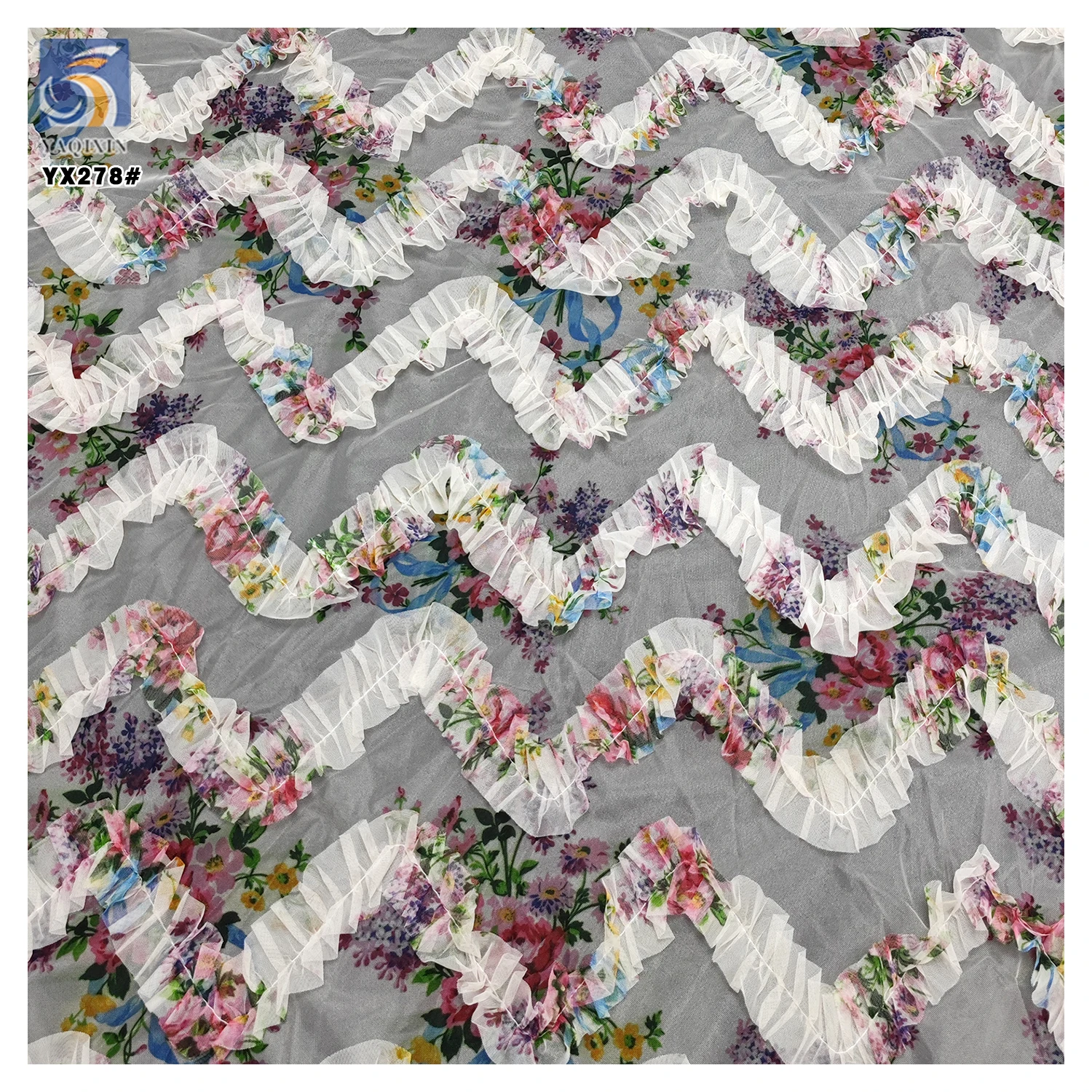 YX278 New Design China 100% Polyester Colorful Digital Printed Mesh Embroidery Pleated Ruffle Tulle Fabric for Tutu - 图片 5