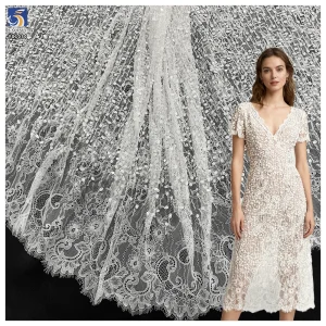 YX1030 300CM*150CM Eyelash White Wedding Bridal Lace Fabrics Heavyweight Beaded Sequin Embroidery Lace Fabrics White
