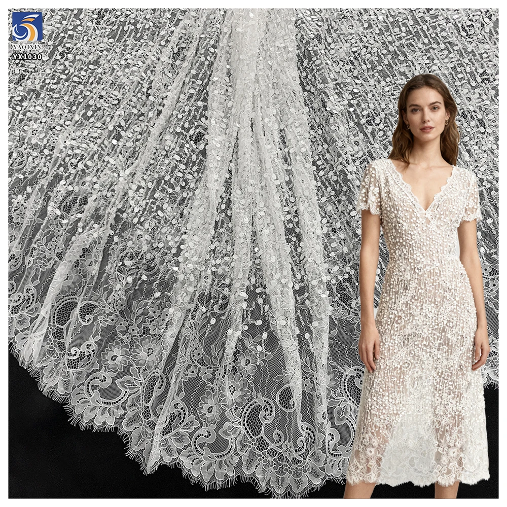 YX1030 300CM*150CM Eyelash White Wedding Bridal Lace Fabrics Heavyweight Beaded Sequin Embroidery Lace Fabrics White