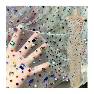 YX2366 Luxury Beaded Lace Fabric Crystal Rhinestone Mesh Fabric Tulle Embroidery Beaded Shiny Stones Lace Fabric