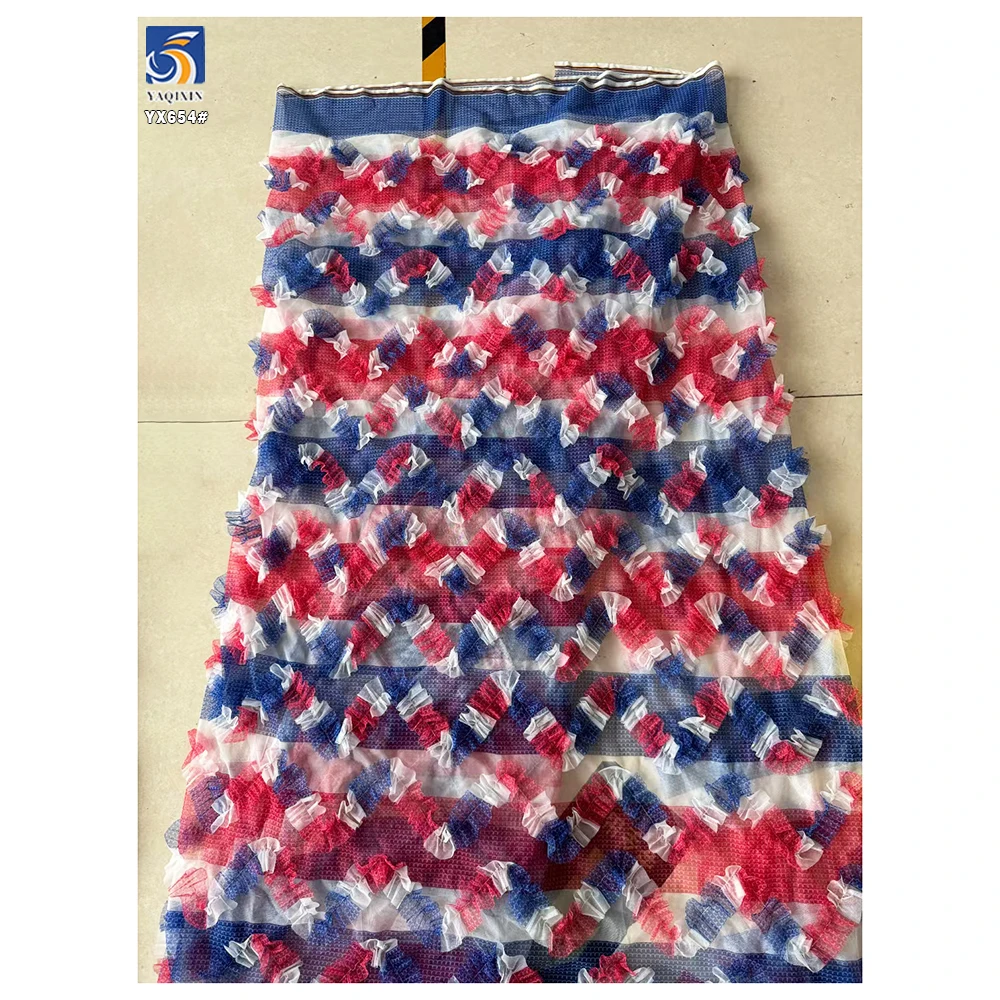 YX654 2025 Red and Blue American Flag Design 3D Flower Digital Printing Mesh Embroidered Ruffle Tulle Fabric