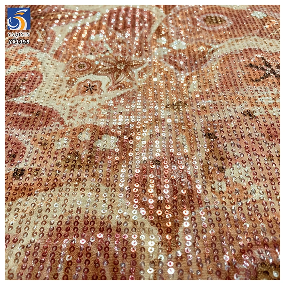 YX1398 Custom 3mm Sequins Large Florals Print Mesh Fabric 5 Yards MOQ Diagonal Stripe Dress Sequin Print Fabric - 图片 2