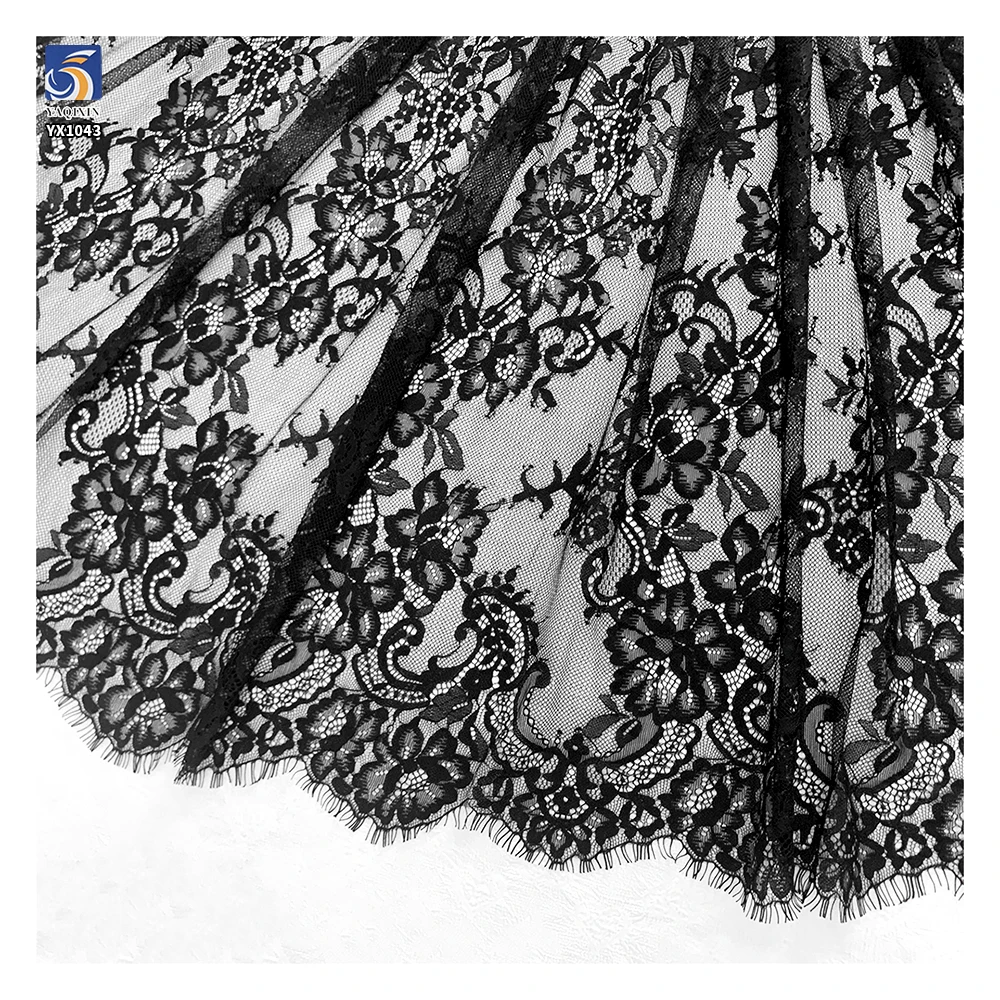 YX1043 2026 Black Tulle Mesh Eyelash Lace Fabric Apparel-Dress Skirt Clothing Chantilly Eyelash Black Sexy Lace Fabric Custom - 图片 4