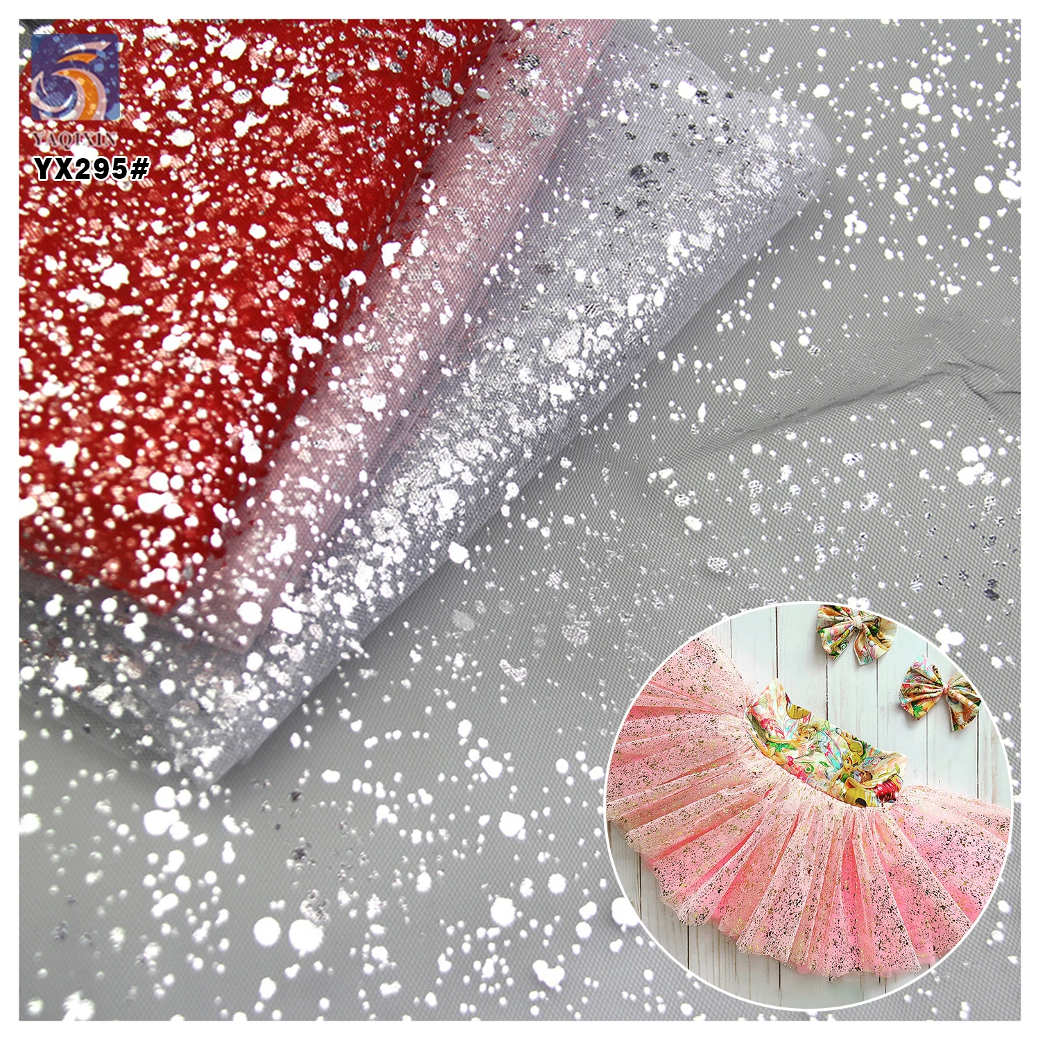 YX295-1 High Quality Customized Silver Iridescent Splatter Film Printed Polyester Mesh Tulle Fabric - 图片 3