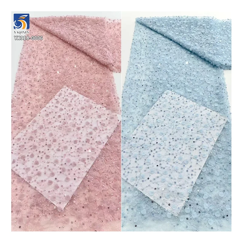 YX918 High Quality Made in China Factory Cheap Chantilly Lace Embroidery Beads 3D Pearls Heavy Lace Fabric Textile - 图片 5