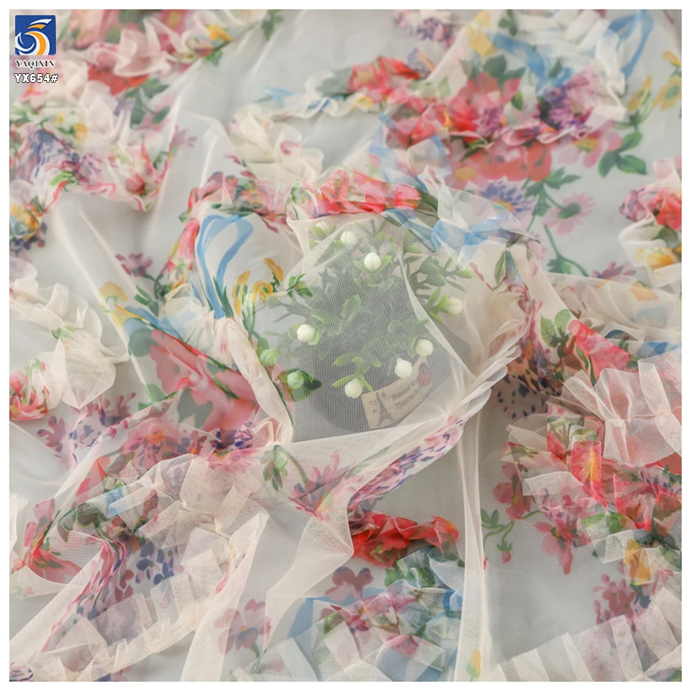 YX654 2025 Red and Blue American Flag Design 3D Flower Digital Printing Mesh Embroidered Ruffle Tulle Fabric - 图片 4