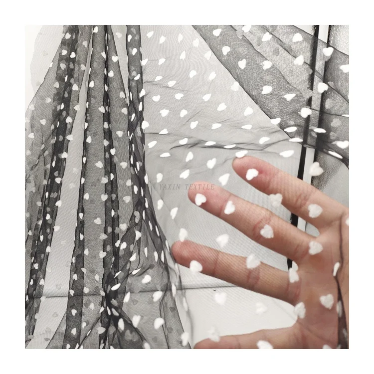 DX159 Flock Tulle Fabric Tulle New Product 58" Wide Flock Heart Tulle Netting Fabric for Wedding Dress - 图片 5