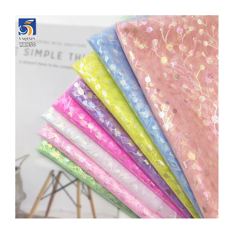 YX850 Weight 30gsm New Pattern Tulle Printing Fabric Cherry Glitter Foil Printing Mesh Tulle Fabrics for Girls Tutu Skirts - 图片 2