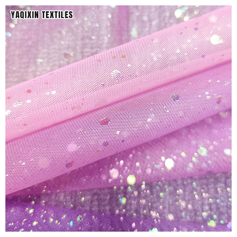 TH706-8 Pink Purple Dream Knit Tie Dyed Style Fabric Glitters Sparkles Bridal Tulle Mesh Lace Fabric With Gradient Colors - 图片 5