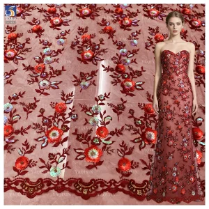 YX1223 Burgundy French Embroidered Lace Textile Fabric 3D Floral Embroidered Tulle Lace Fabric With Competitive Prices