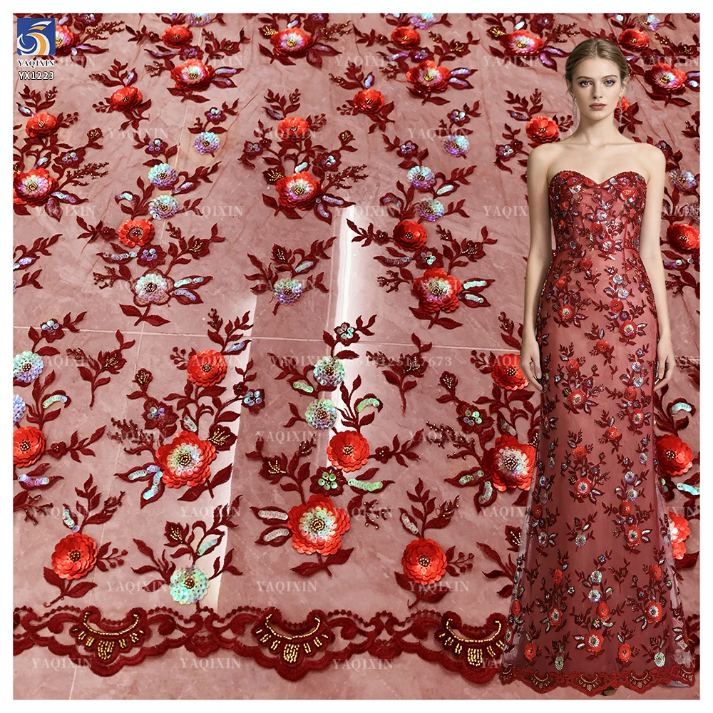 YX1223 Burgundy French Embroidered Lace Textile Fabric 3D Floral Embroidered Tulle Lace Fabric With Competitive Prices