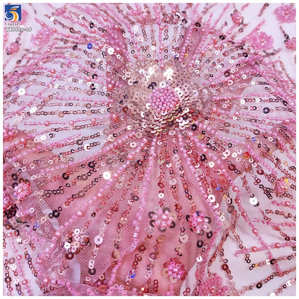 100% Polyester African Fabric for Wedding Dresses Embroidered Lace Mesh With Sequin Bead Tube Sequin Bead Wedding Dress Fabric - 图片 3