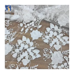 YX518 2025 New Design Custom 100% Polyester Soft Pure White Flowers Tulle Embroidery Bridal Fabric