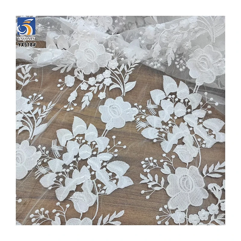 YX518 2025 New Design Custom 100% Polyester Soft Pure White Flowers Tulle Embroidery Bridal Fabric