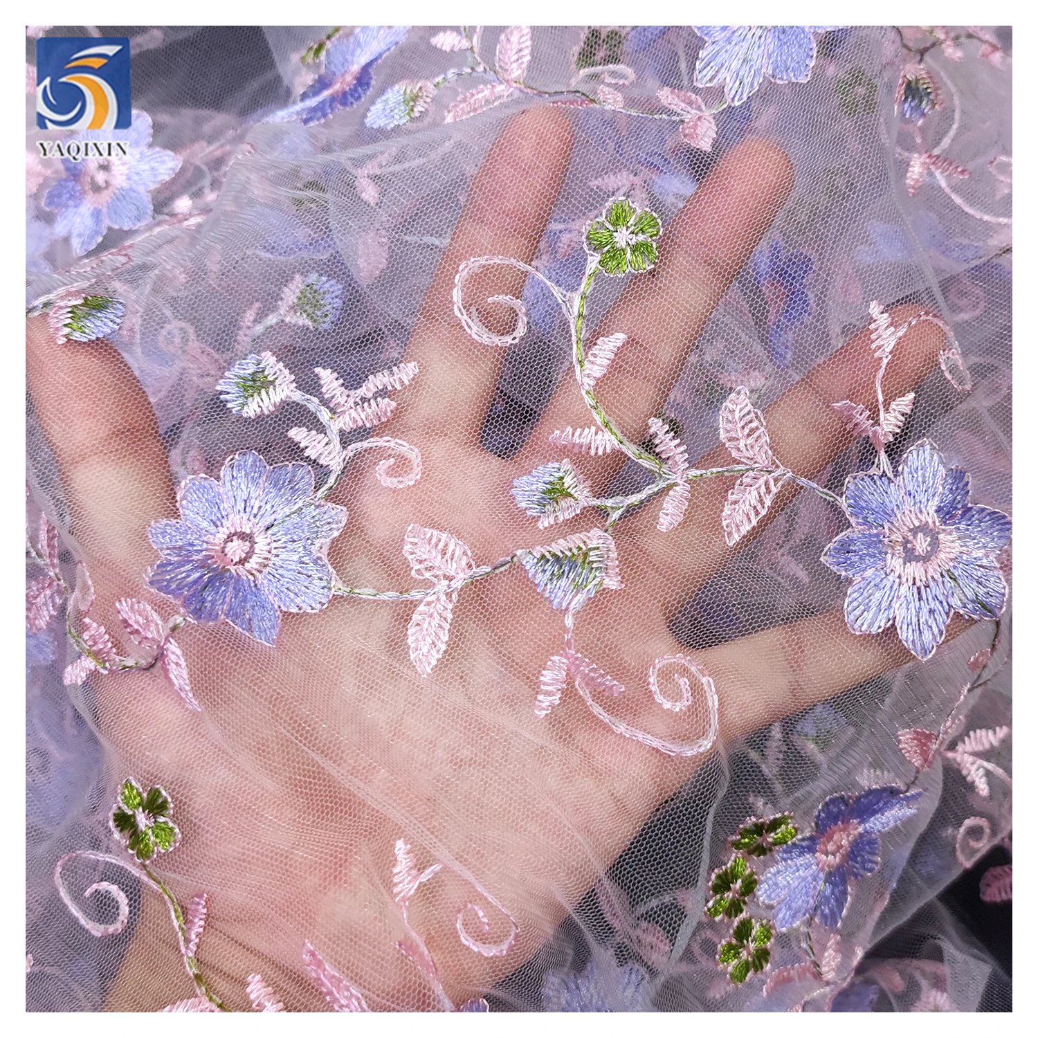 YX242 Multicolor Maple Leaf Custom 100% Polyester Tulle Floral Embroidered Net Fabric Wholesale - 图片 3