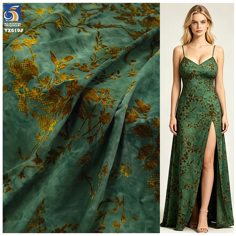 YX619 New Chinese Clothing Fabrics Two-color Maple Leaf Pattern Stretch Flocking Knitted Fabric for Chinese Cheongsam