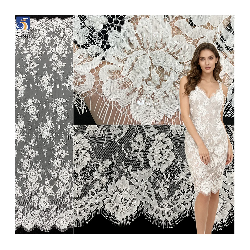 YX1091 High Quality White Lace Fabric 15 Yards Technology Heavyweight White Pearls Embroidered Flowers Eyelash Lace Fabrics