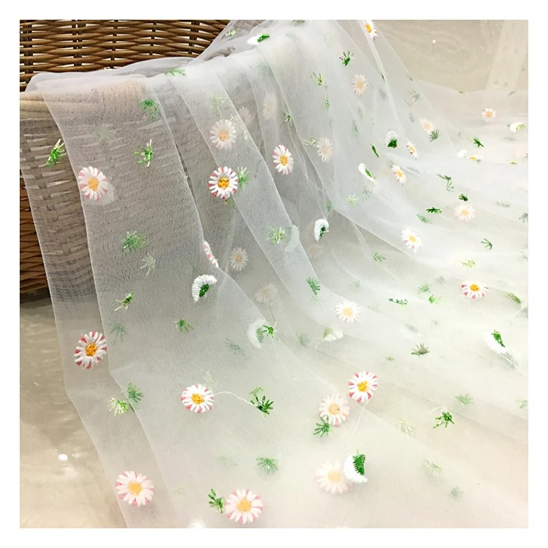 Beautiful Soft Floral Sunflowers Tulle Embroidered Fabric Lace Mesh Embroidered Fabric for Summer Dress - 图片 4