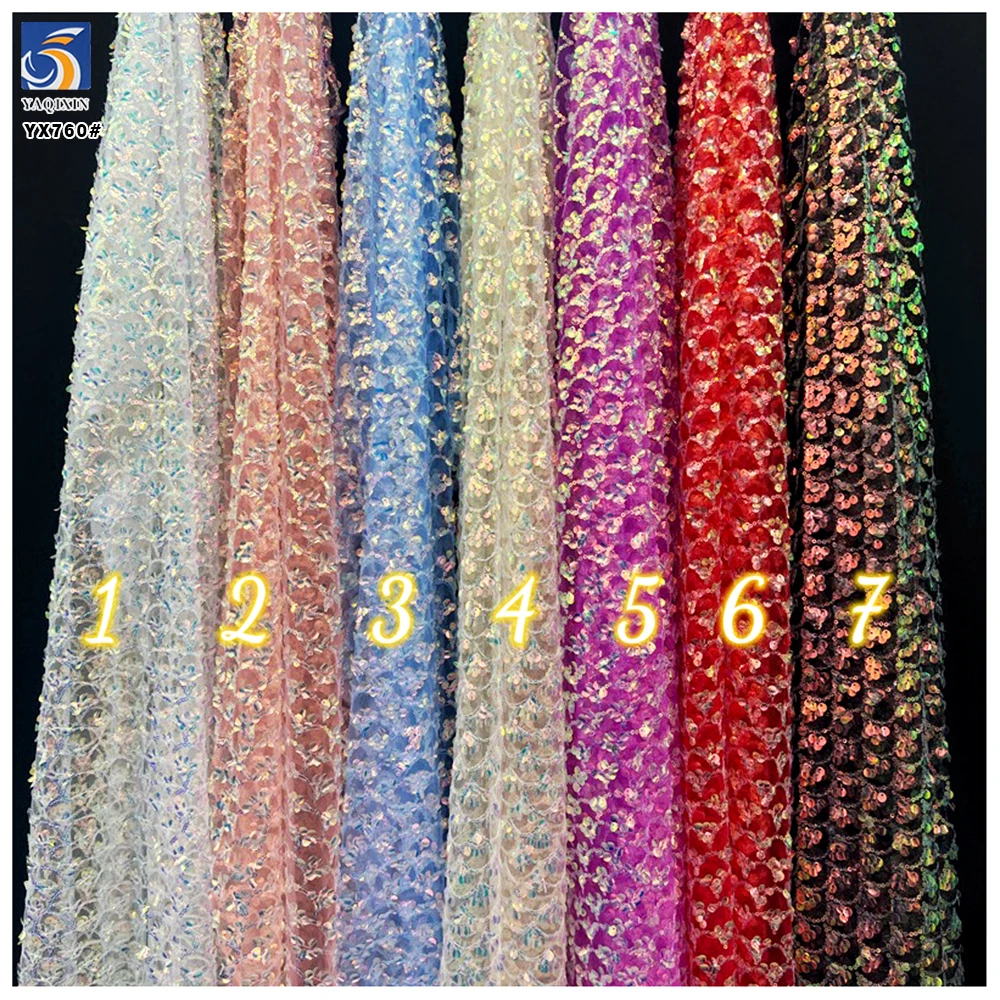 YX760 Hot Polyester Fantasy Style Fish Scale Dress Fabric Glittery Sequin Embroidered Mesh Sequin Fabric for Kids Dress - 图片 5