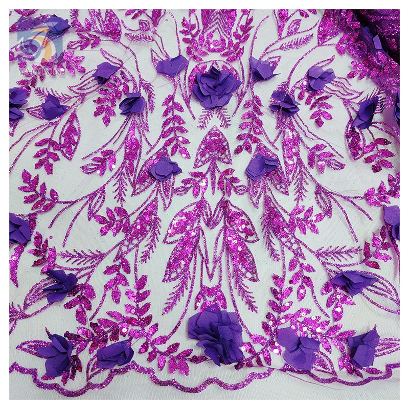 Direct Sales Wholesale Price 3D Flower Lace Fabric Bridal Nigerian African Purple Crystal Glitter Lace Sequins Fabric Mesh - 图片 4