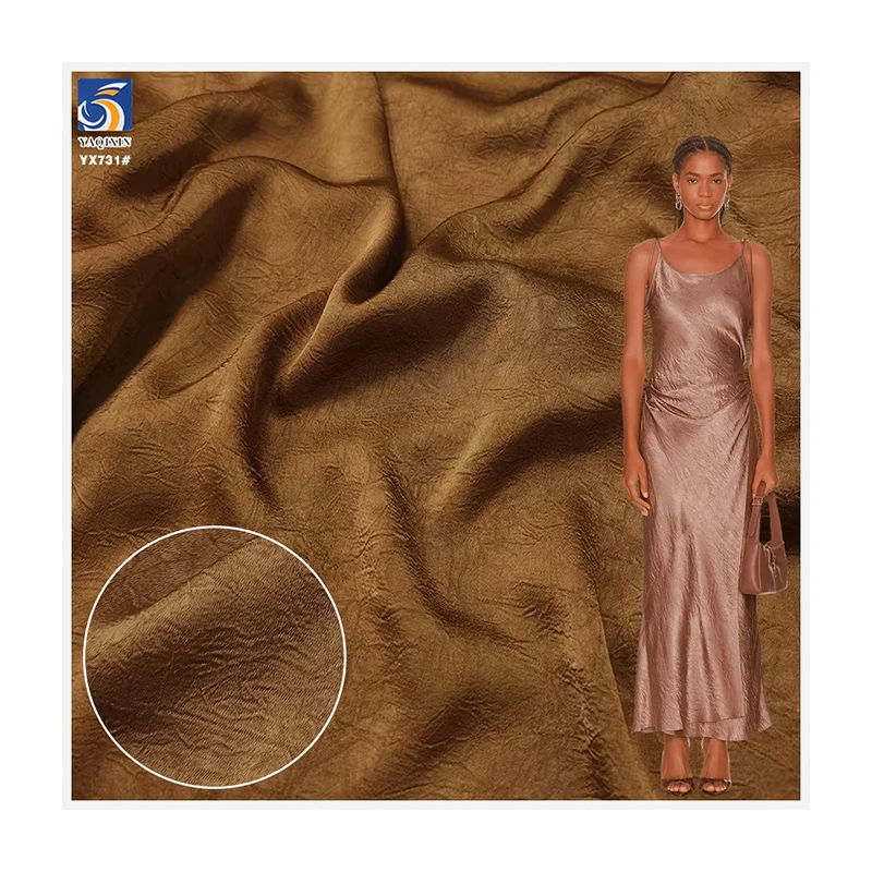 YX731 Imitation Acetate Double-Sided Mocha Mousse Color Satin Wrinkle Fabric 170gsm 100 Polyester Crepe Satin Fabric for Dress