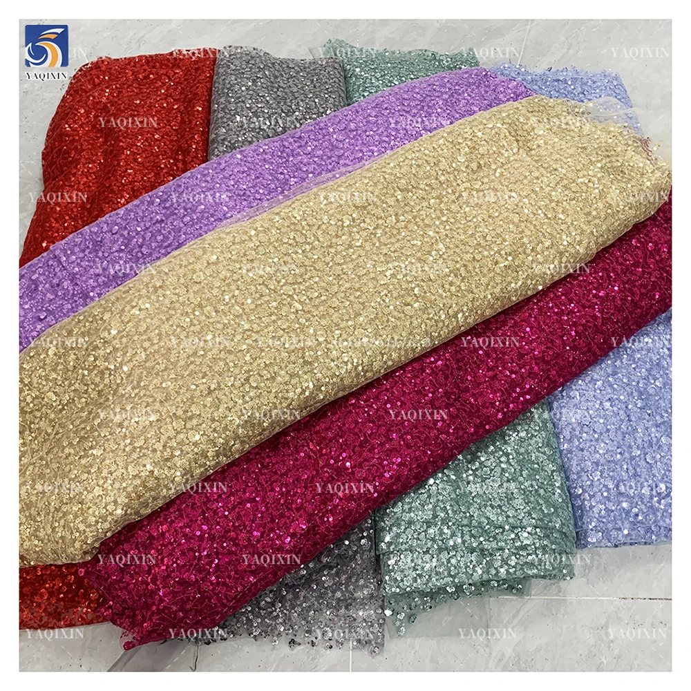 YX2379 Gold Beaded Sequin Mesh Embroidery Tulle Lace Fabric Polyester Floral Design 3mm Shiny Sequin Embroidery Fabric - 图片 2