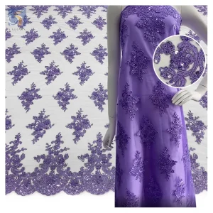 New Arrival Fashion 2025 Floral Purple Embroidery Lace Fabric Sequin Tulle Lace Embroidery Fabric for French