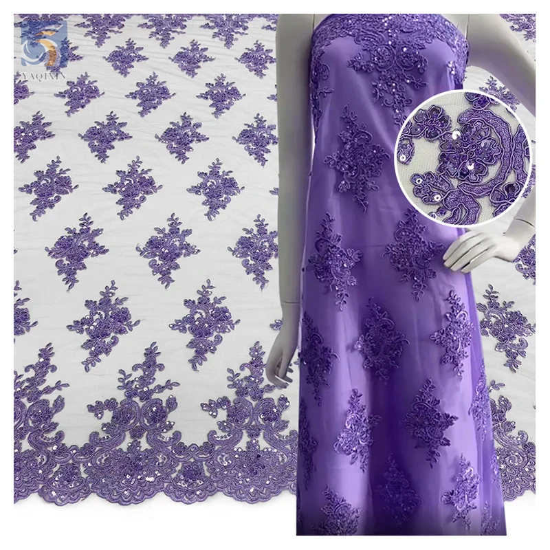 New Arrival Fashion 2025 Floral Purple Embroidery Lace Fabric Sequin Tulle Lace Embroidery Fabric for French
