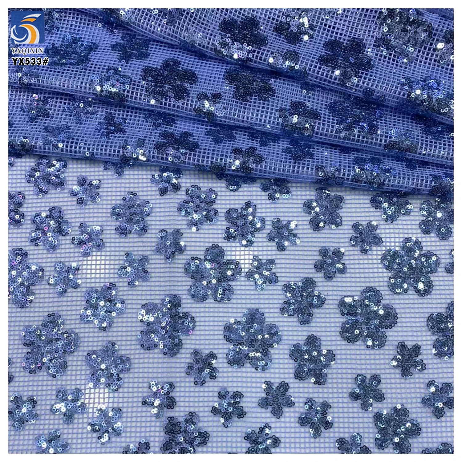 YX533 Black Sequin Lace Fabric Checkered Net Mesh Floral Design Sequined Lace Fabric for Dresses - 图片 5