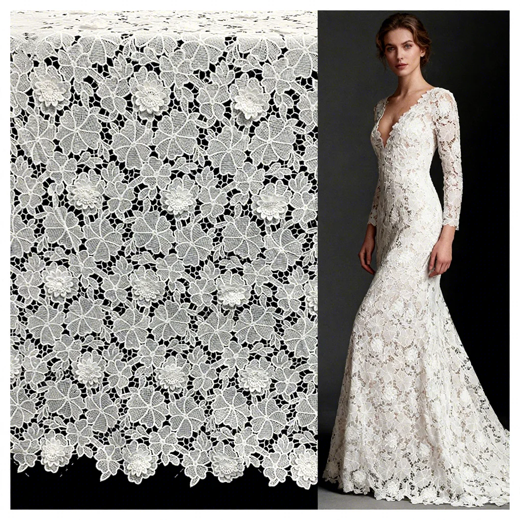YX1212 New 200gsm Poly 3D Hand Embroidery Flowers Lace Fabric High Quality Woven Water-Soluble Mesh Net Lace Fabric