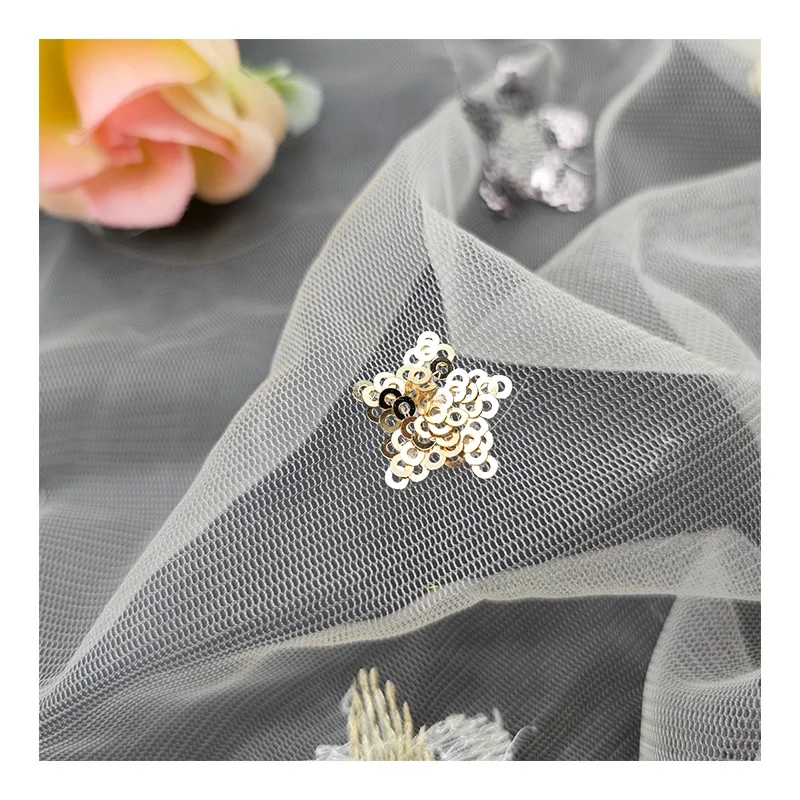 CP13 Beautiful Gold/Silver Sparkling Sequins Stars Tulle Lace Fabric for Prom/Wedding Gowns - 图片 4