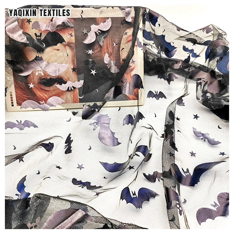 YX2235 Best Selling Halloween/Spooky Style Dark Night Bat Printed Mesh Fabric Black Polyester Mesh Skirts Fabric Stage Costumes - 图片 3