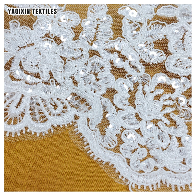 KFE004 Handmade 18cm Wide Sequin Embroidered Lace Trim White Wedding Dress Accessories Lace Trim - 图片 4