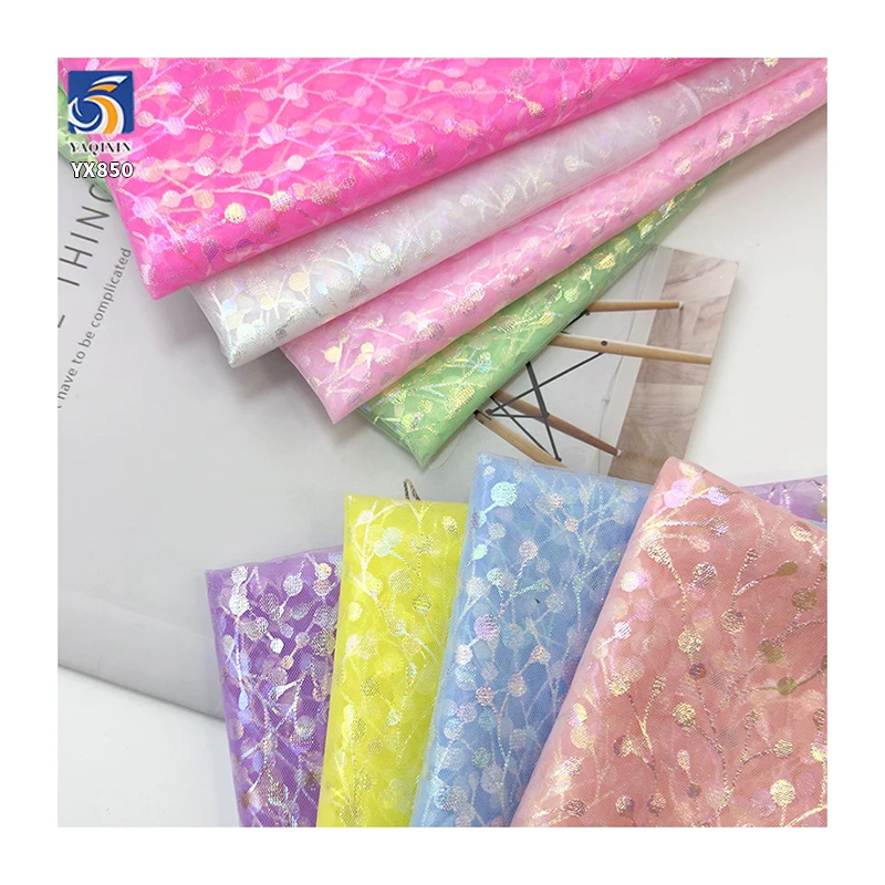 YX850 Weight 30gsm New Pattern Tulle Printing Fabric Cherry Glitter Foil Printing Mesh Tulle Fabrics for Girls Tutu Skirts - 图片 5